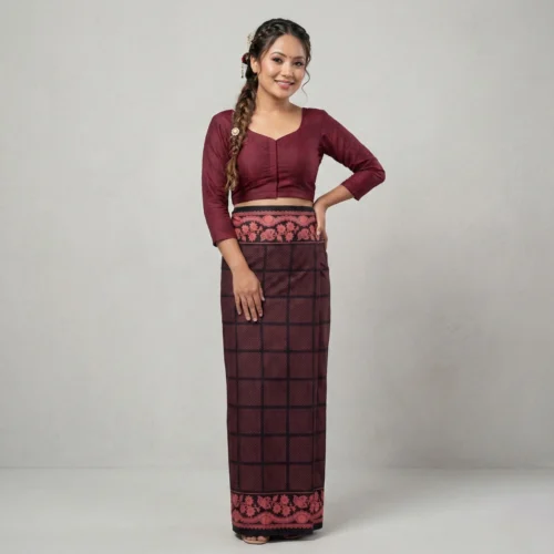 Woman in maroon Gurung Lungi with floral border