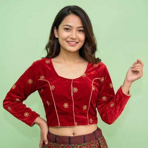 Woman wearing Bridal red velvet blouse with round neck