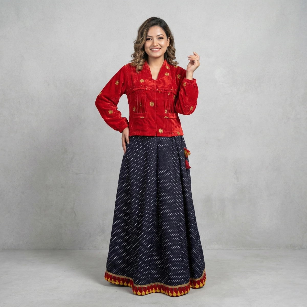 Woman wearing red rai lehenga set with dotted skirt