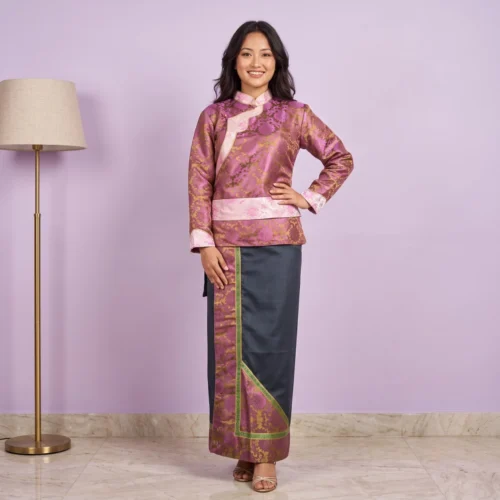 beautiful girl wearing fuchsia and navy tamang wrapper set