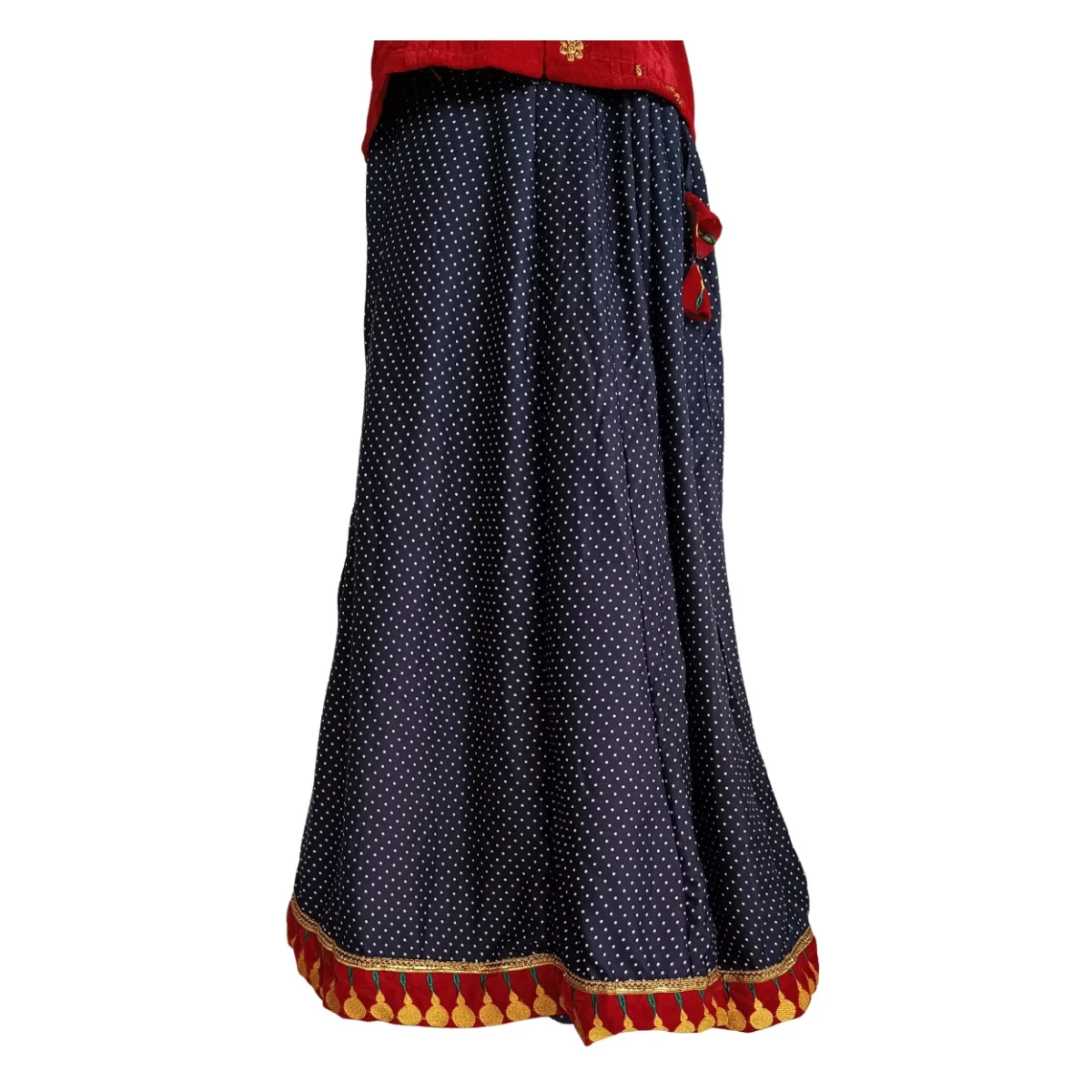 Red Velvet Butti Top & Rai Dot Cotton Lehenga Set 4 navy-rai-dot-cotton-lehenga-with-chindu-border