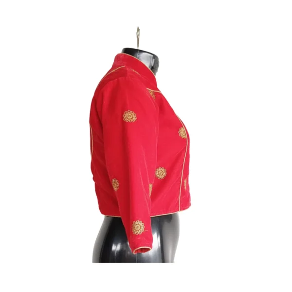 side view of Bright red embroidered velvet blouse
