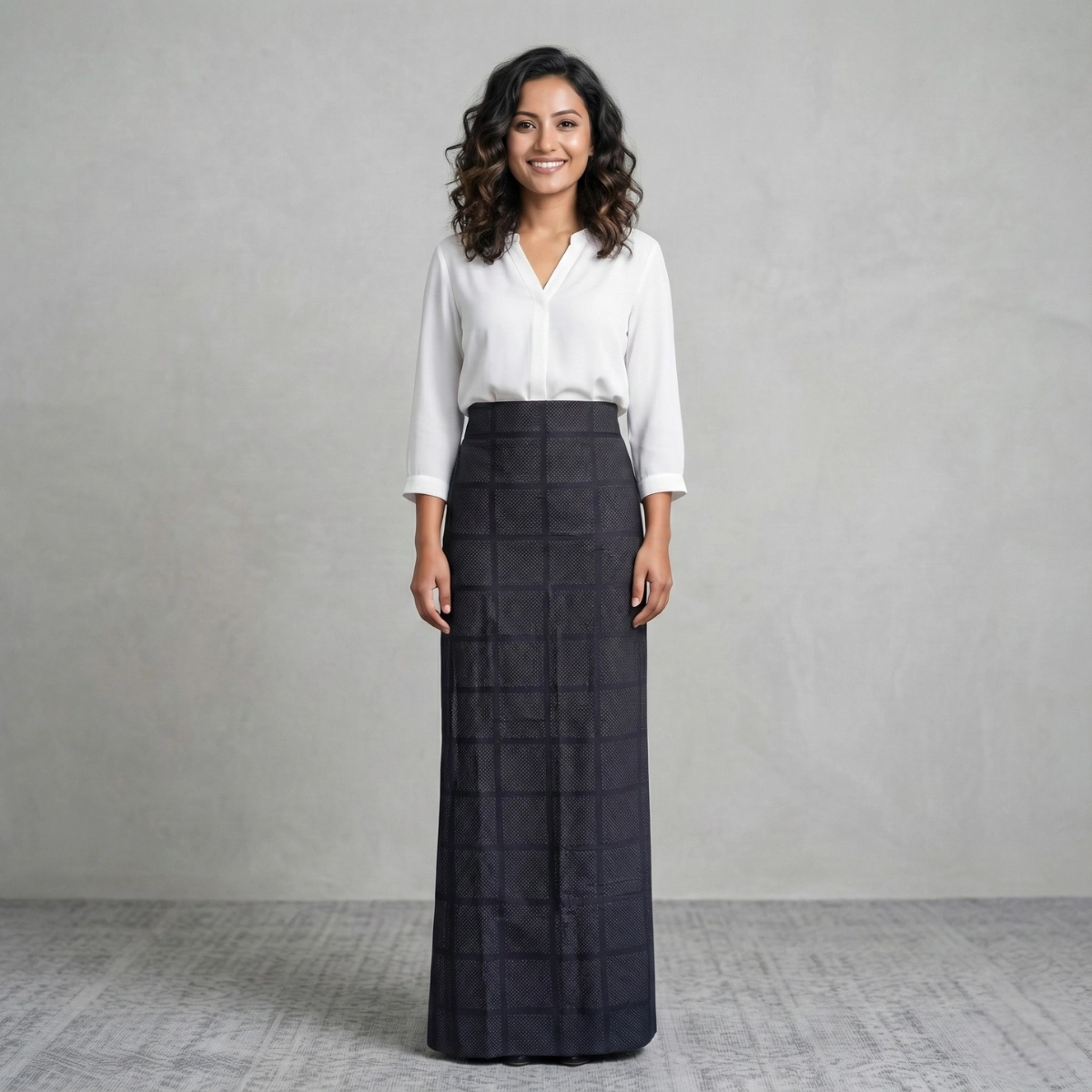 woman wearing black checked Gurung Lungi wrap skirt woman wearing black checked Gurung Lungi wrap skirt