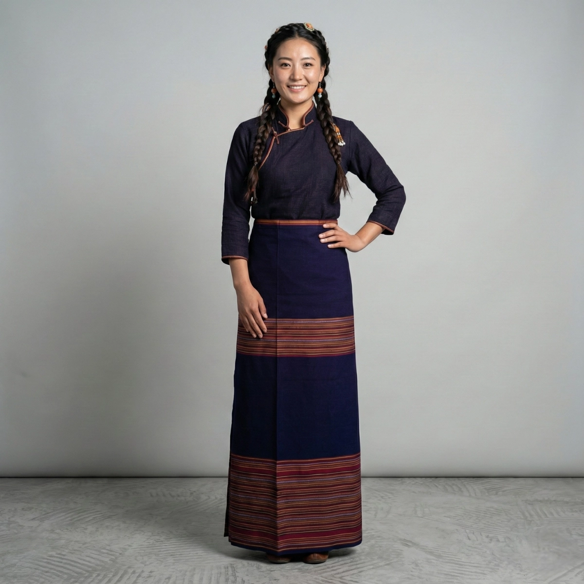 Girl wearing Navy cotton Tamang wrapper with red stripe bands
