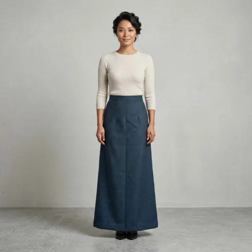 Girl wearing dark teal Half Bakhu with darts and waistband