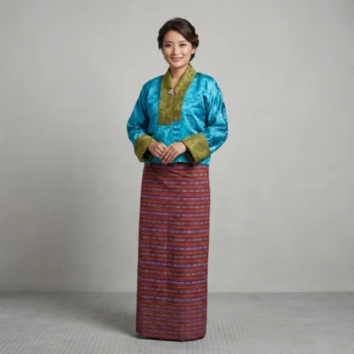 Lady in turquoise Tego with red striped wrapper-full kira set (1)