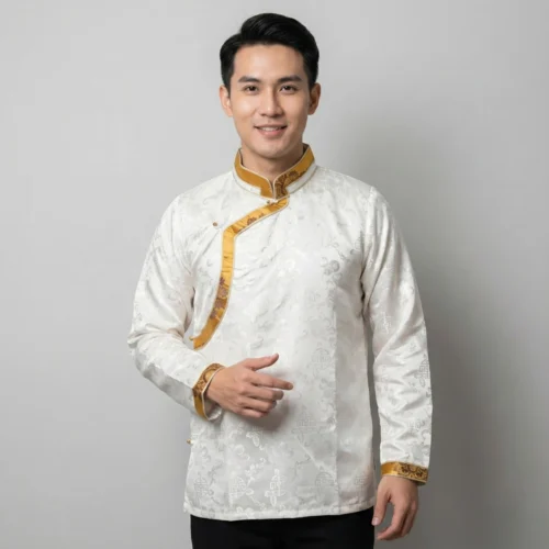 Man in Ivory Khenja with bright mustard yellow border
