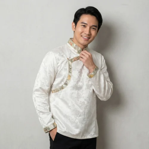 Man in Ivory Khenja with multicolour border and cuff accents