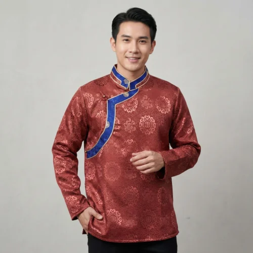 Man in Maroon jacquard Khenja with royal-blue border