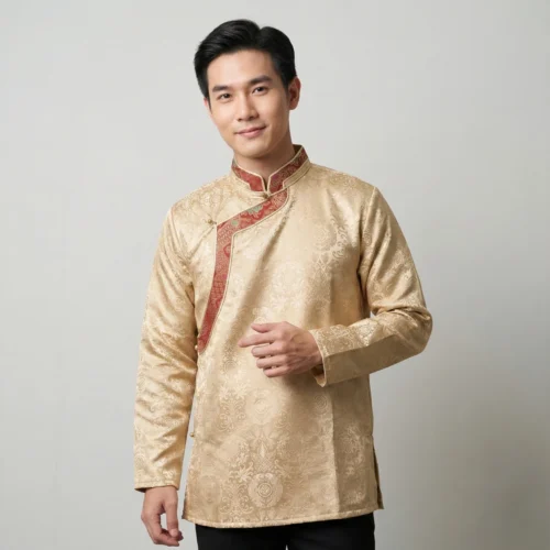 Man wearing Beige jacquard Khenja with red patterned border