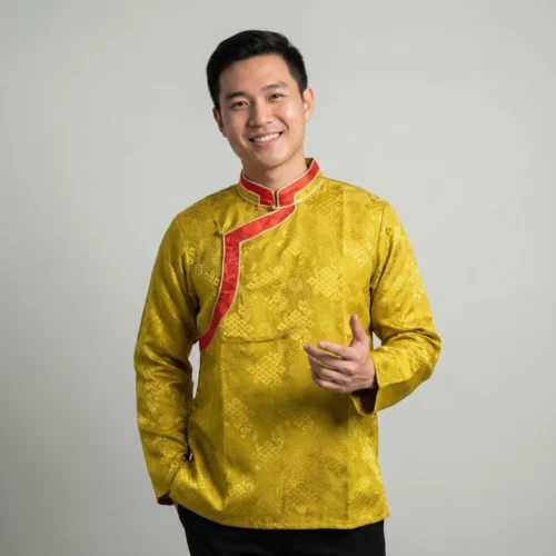 Man wearing Mustard yellow jacquard Khenja with red border