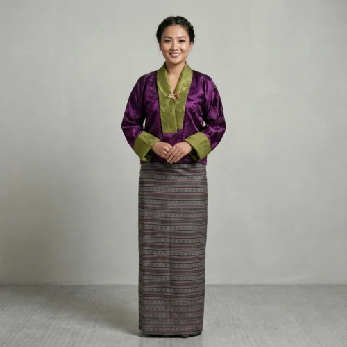 Model wearing full kira set-purple Tego with grey striped wrapper