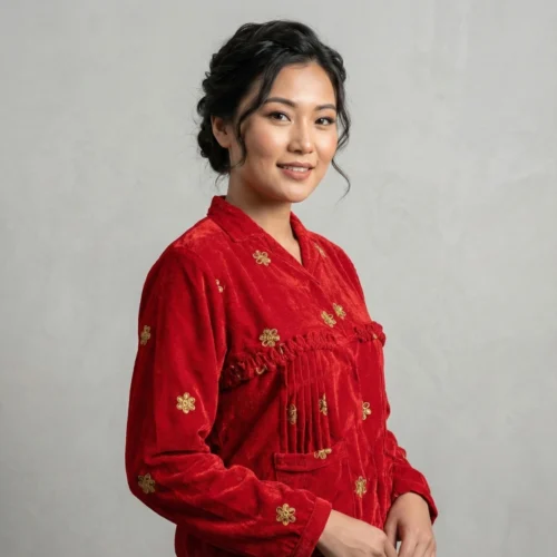 Woman in scarlet velvet Rai Cholo with pockets