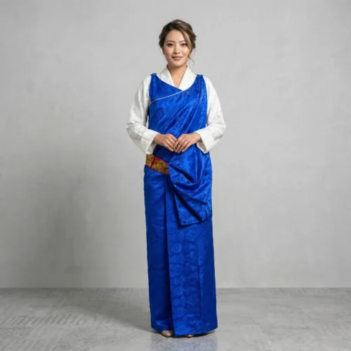 Woman in Royal blue Lepcha Gada jacquard dress
