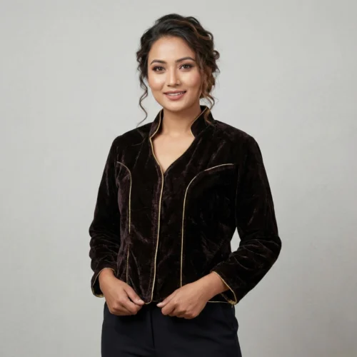 Women wearing Black velvet mandarin-collar blouse with gold piping