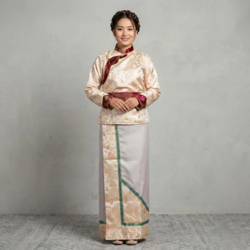 Woman wearing Ivory brocade Khenja with grey wrapper set