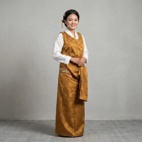 Woman wearing Mustard Lepcha Gada Dress