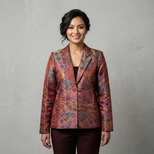 Woman wearing maroon Tash Kuchin coat