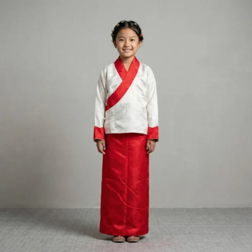 kid in ivory bakhu with red border and red skirt