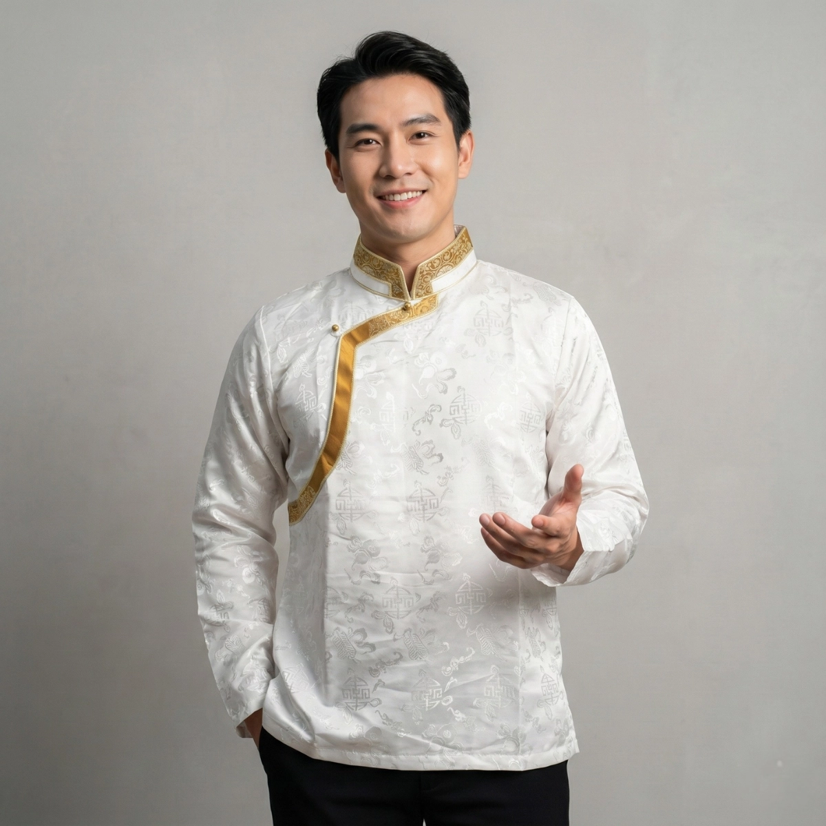 Men’s Akash Gola Khenja — Lightweight Brocade Cultural Jacket 2 men wearing ivory khenja with mustard gold border and mandarin collar
