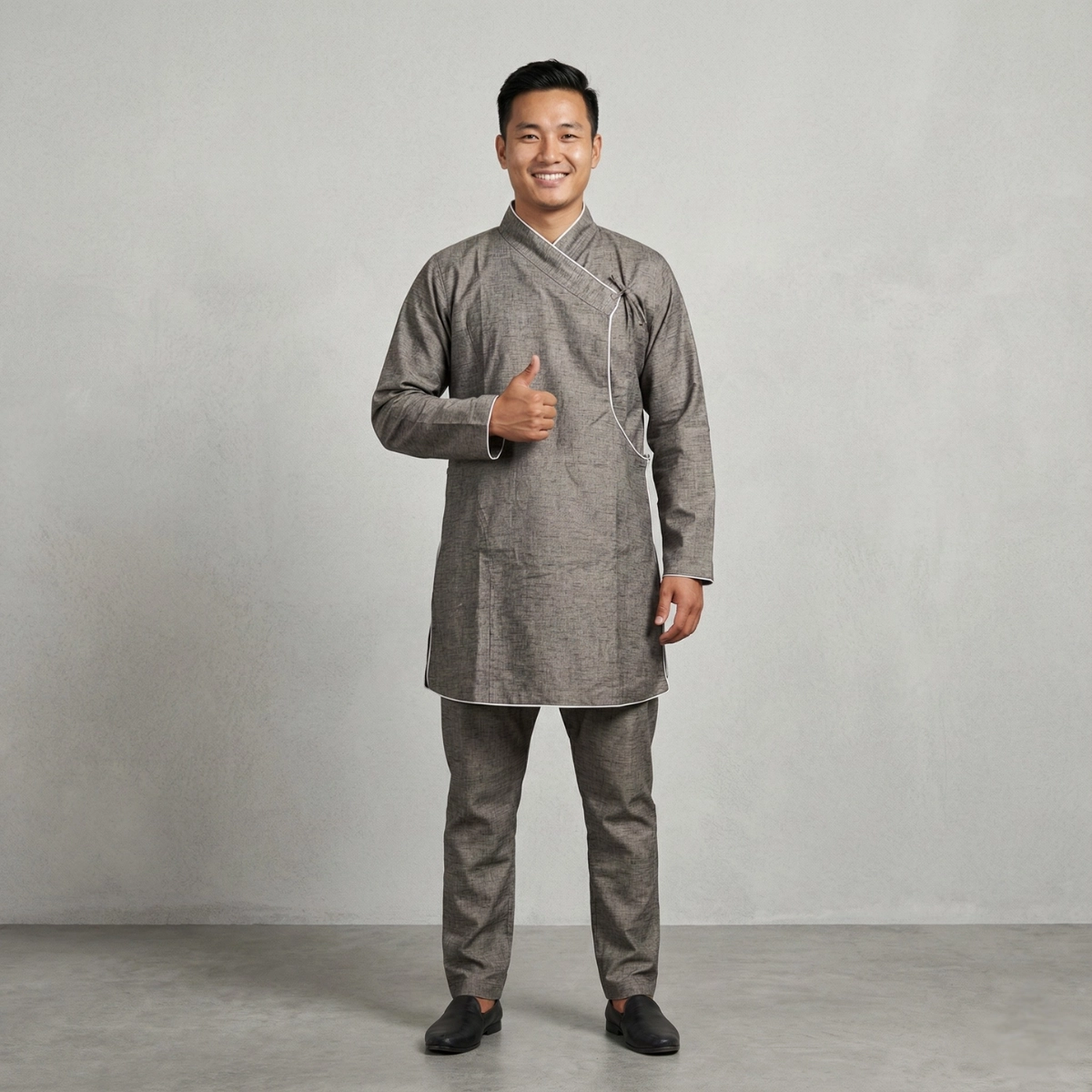 Charcoal Daura top with white piping and suruwal set