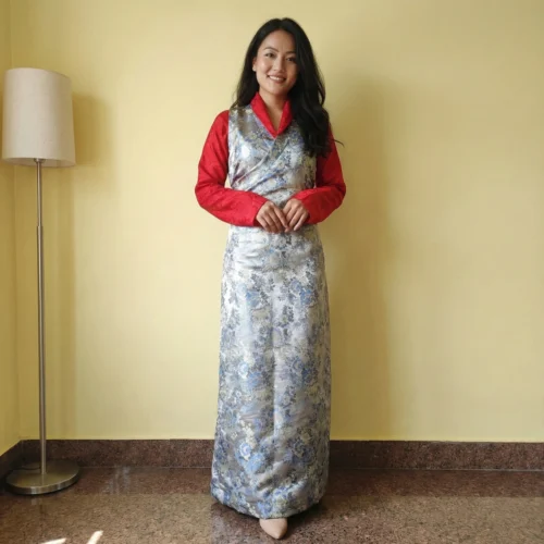 Beautiful Model wearing silver grey bakhu with red honju traditional dress