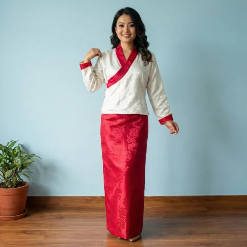 Beautiful girl in Ivory Raspberry pink two piece bakhu set