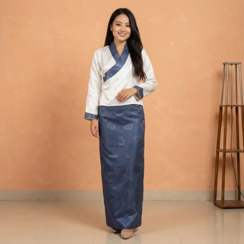 Beautiful girl in Ivory Steel-blue two piece bakhu set