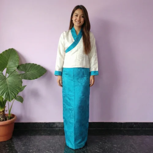 Beautiful girl in Ivory blue two piece bakhu set