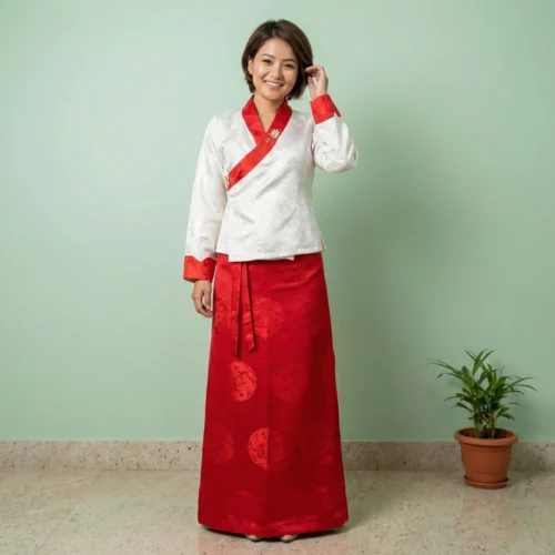 Beautiful girl in Ivory-red two piece bakhu set