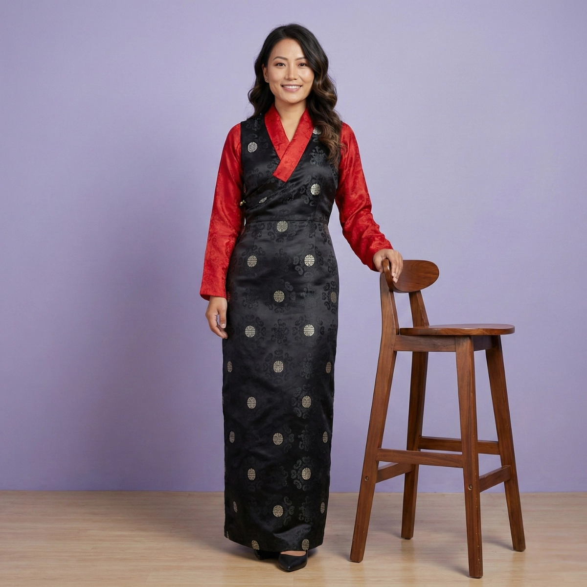 Girl wearing black bakhu with red honju traditional dress