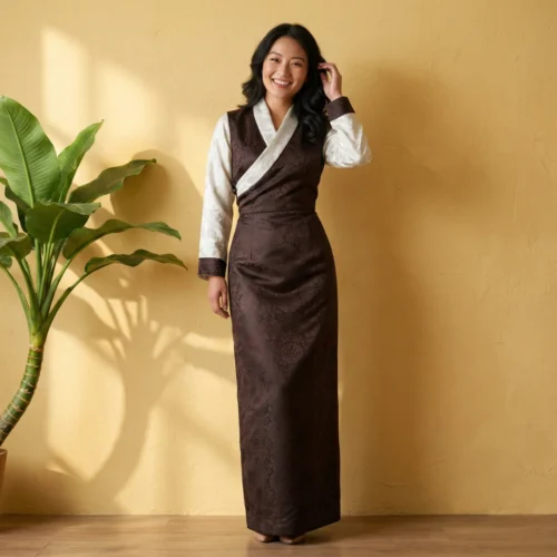 Girl wearing brown jacquard one piece bakhu