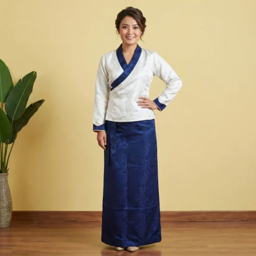 Lady in Ivory full bakhu set with navy border and skirt
