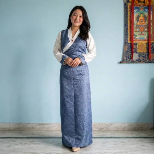 Lady in steel blue jacquard one piece bakhu bakhu