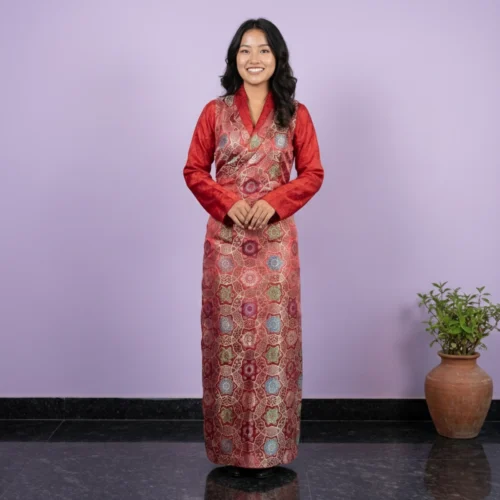 Model wearing red bakhu with red honju traditional dress