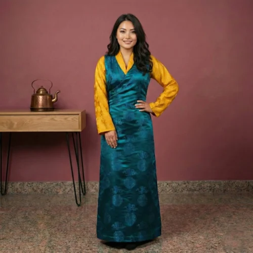 Model wearing turquoise bakhu with yellow honju traditional dress