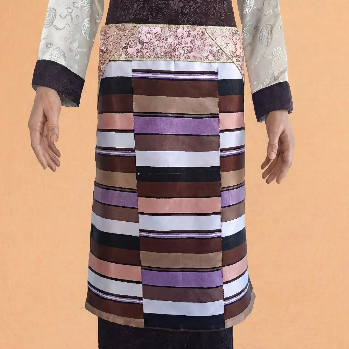 Pangden with Droden stripes and pink brocade waist – front view Pangden with Droden stripes and pink brocade waist – front view