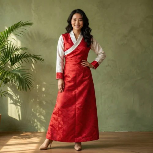 Woman wearing Red jacquard bakhu with attached wonju