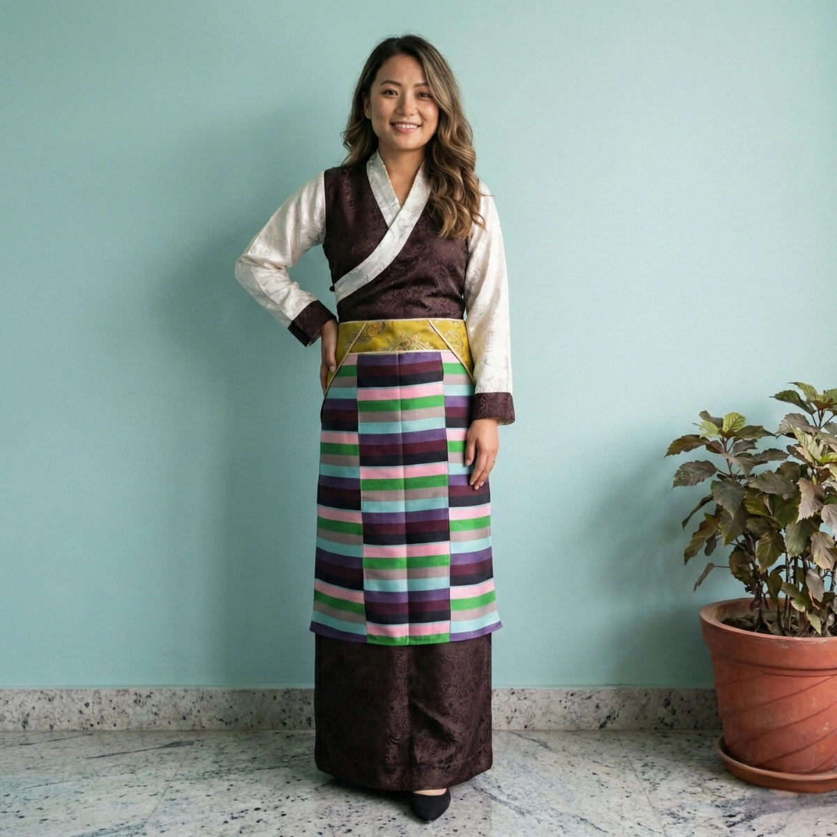 Woman wearing olive border Pangden