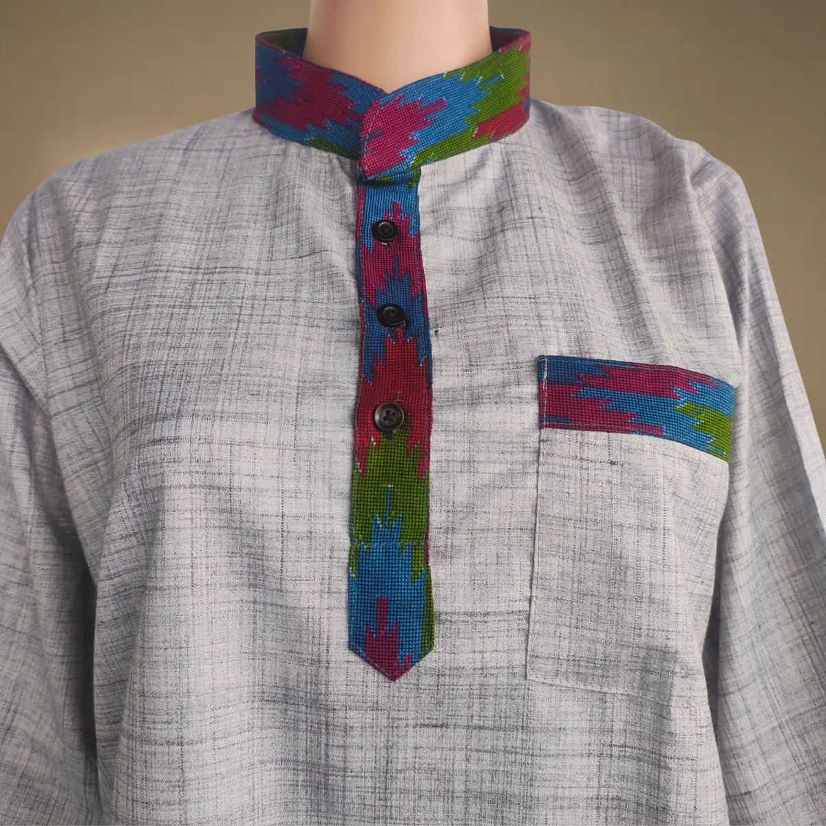 close up of mens Nepali Shirt in Grey Shirting Cotton