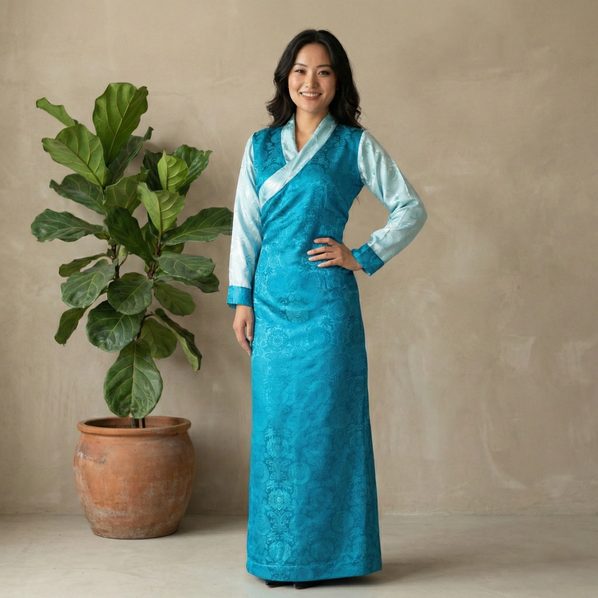 woman wearing Sea blue jacquard one piece bakhu