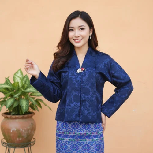 Girl in navy blue jacquard Tego top
