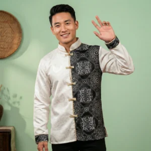 Male model wearing black brocade jacquard khenja