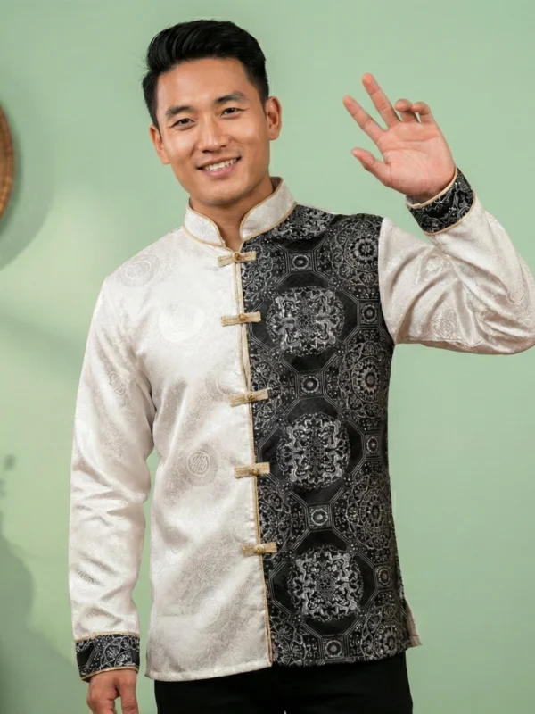 Male model wearing black brocade jacquard khenja