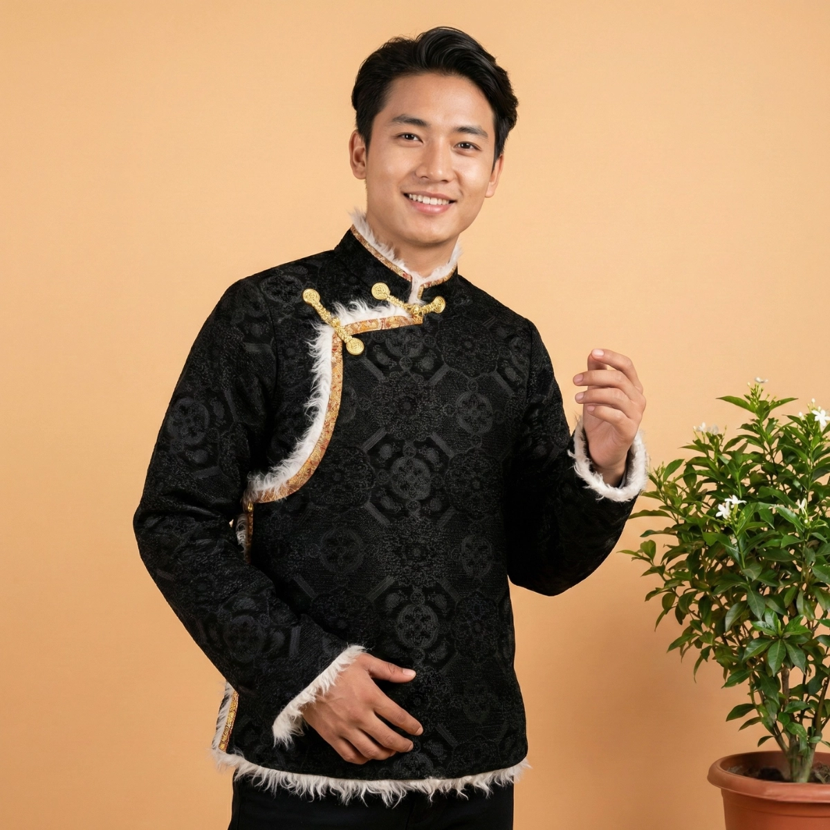 Men's Khenja jacket in jacquard fabric with Tash Kuchin gold border — poly-fur lined