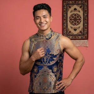 Men's sleeveless Khenja jacket in indigo blue Japanese Tash Kuchin brocade