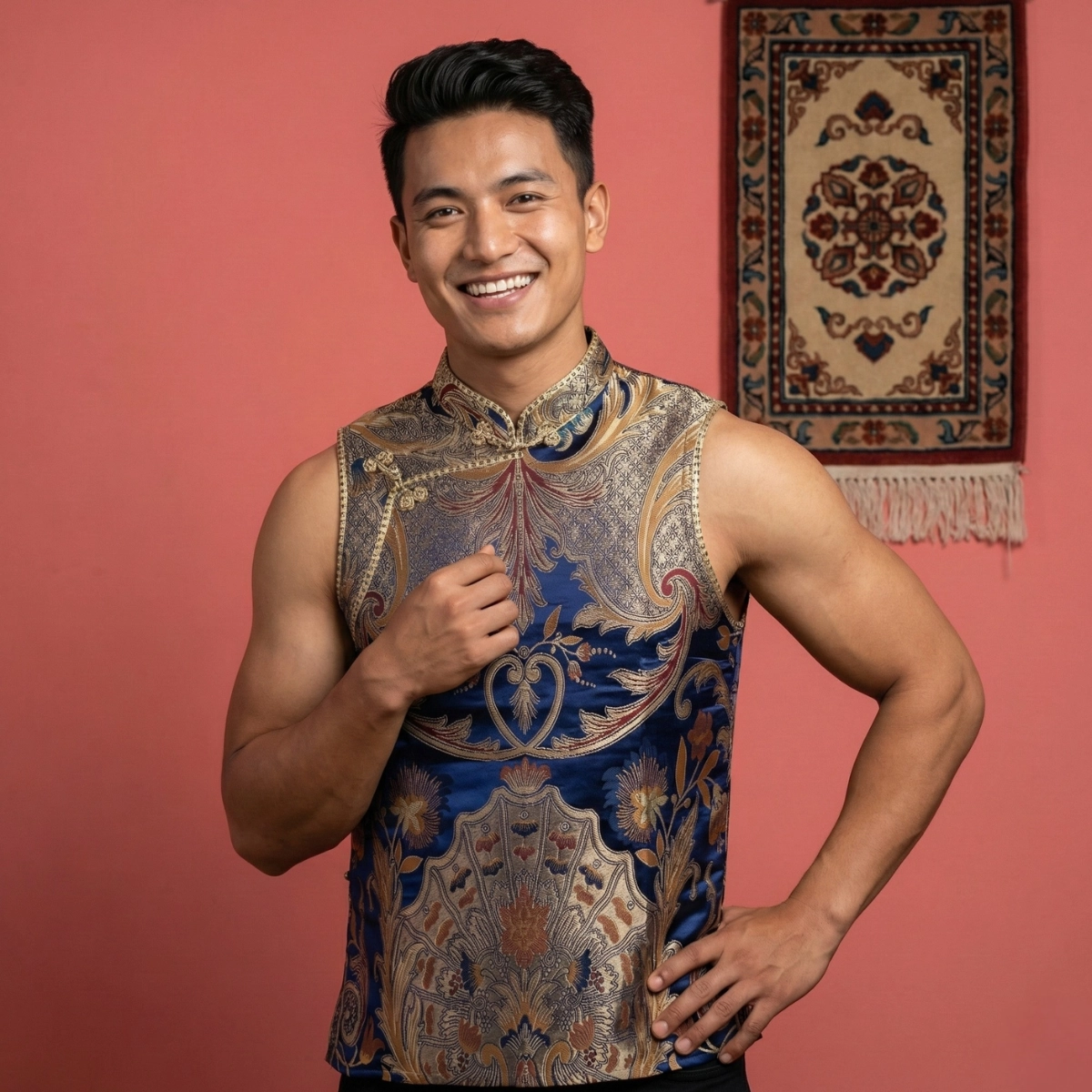 Men's sleeveless Khenja jacket in indigo blue Japanese Tash Kuchin brocade