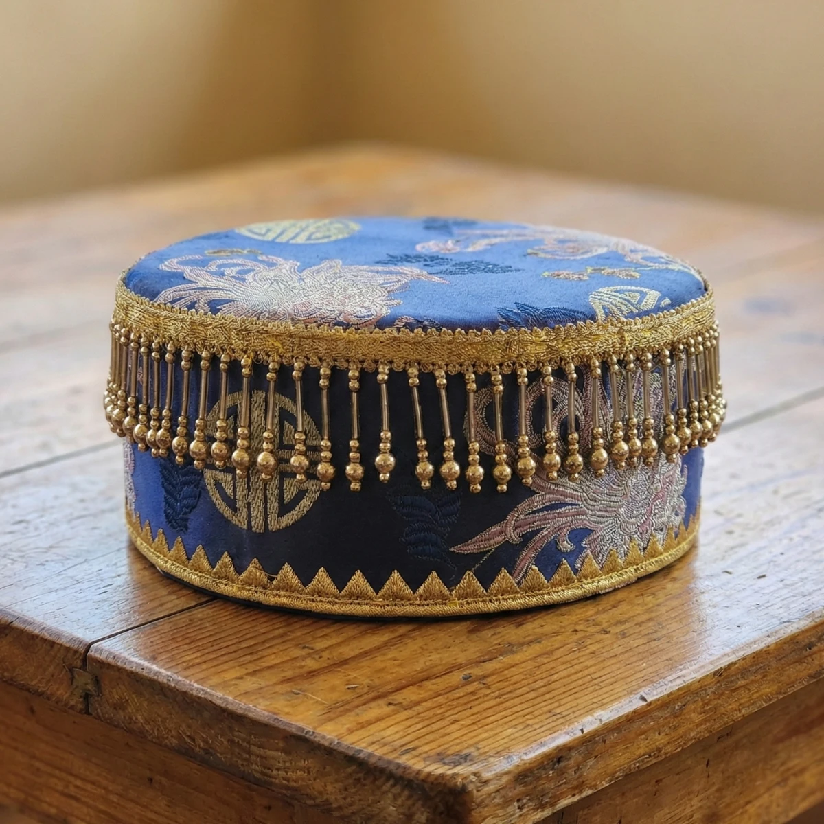 Navy blue Tamang women's topi with gold beaded motis and dense metallic fringe border Navy blue Tamang women's topi with gold beaded motis and dense metallic fringe border