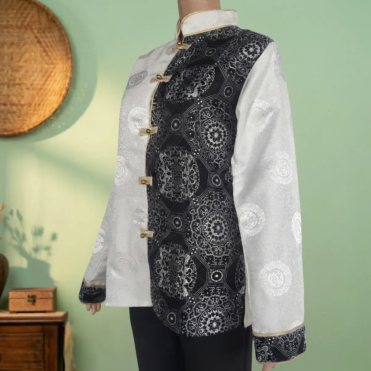 Side view of Black brocade jacquard khenja men Side view of Black brocade jacquard khenja men