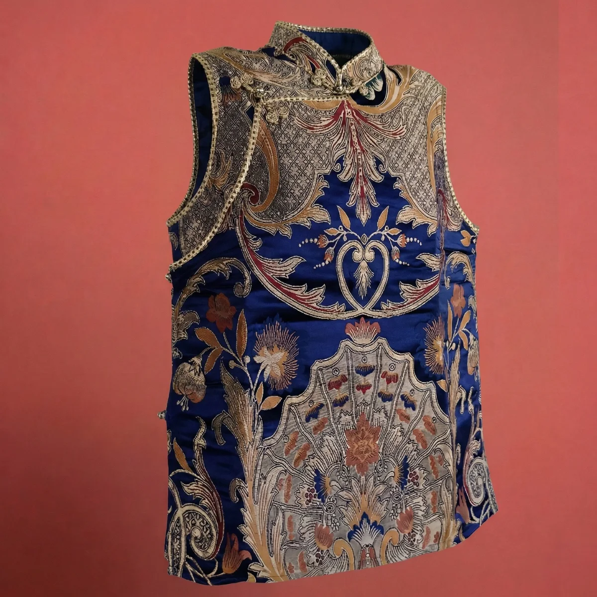 indigo Blue Japanese Tash Kuchin sleeveless Khenja — angled view showing armhole finish and hip-length silhouette